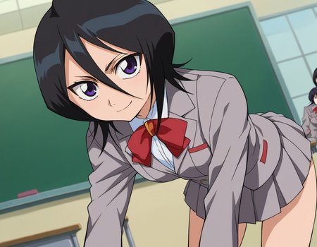 score_9, score_8_up, score_7_up, source_anime, 
rukiakuchiki, <lora:rukia-kuchiki-s1-ponyxl-lora-nochekaiser:1>, 
rukia kuchiki, black hair, hair between eyes, purple eyes, short hair,
skirt, bow, school uniform, jacket, blazer, grey jacket,
indoors, classroom, bent over, smile,
looking at viewer, cowboy shot, dutch angle,