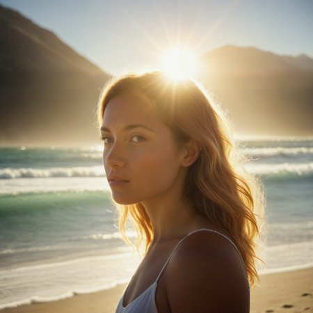 A young woman At the beach, gazing at the mountains beyond the waves. Lens flare.

<lora:LensFlare01a_CE_XL_300-OT:0.4> lnsflrCE_style