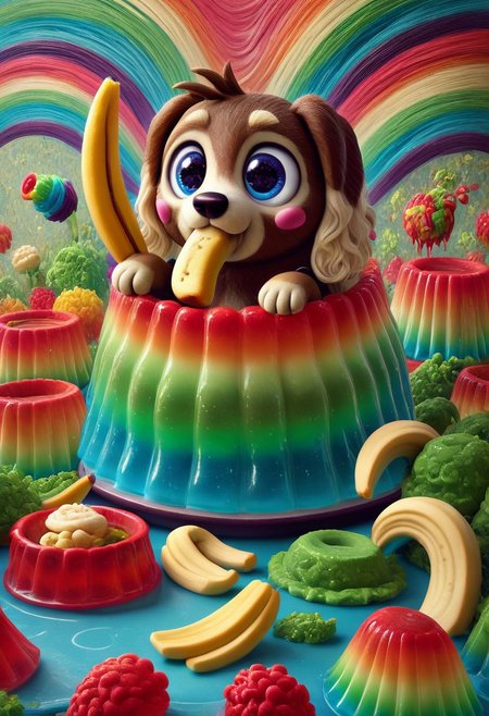 a cute chibby dog with big eyes made out of Jellystyle, he is eating a clay banana, very detailed, 4k, sharp, eating rainbow worms, novuschroma51 style