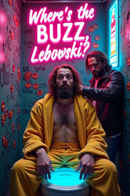 A disheveled, bearded hippie dude with sunken eyes, unkempt brown hair, and a relaxed, laid-back demeanor, wrapped in a bright yellow BUZZ coin-print bathrobe, slumped against a grimy, neon-lit cyberpunk toilet, its bowl glowing with an eerie blue light, as a pixelated, leather jacket-clad cyber-thug, with a menacing scowl, grasps his hair, dunking his face into the water, amidst a backdrop of radiant, fluorescent graffiti, blaring 'Where’s the BUZZ, Lebowski?!' in bold, graffiti-styled, hot pink letters, encircled by holographic soap bubble goons, emitting a kaleidoscope of colors, their faces contorted in a frenzy, against a dark, rainy cyberpunk cityscape, illuminated by towering skyscrapers and neon billboards, with an ultra-detailed, 8k resolution, comically panicked expression, 16:9 aspect, vibrant cyberpunk aesthetic, and a style blending retro-futurism with modern digital art, evoking a sense of chaotic, dystopian humor.