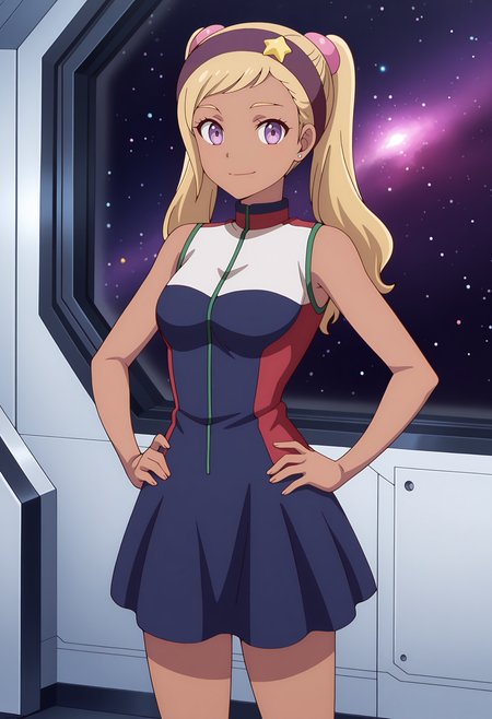 anime screencap, masterpiece, best quality,
<lora:KanataNoAstra_QuitterieRaffaeli_IlluXL:0.9>,
1girl, solo, closed mouth, smile,
dark-skinned female, twintails, swept bangs, long hair, blonde hair, purple eyes, stud earrings, purple hairband, star hair ornament, pink scrunchie,
short dress, sleeveless dress, multicolored dress, blue dress, zipper,
hands on own hips, standing, looking at the viewer, cowboy shot,
indoors, window, space, spacecraft interior