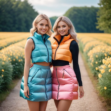 (full body shot),cute two swedish tall women,unique, wearing a Kaleidoscopic  (cropped) cropped_puffer_vest,satin prom dress, unique hair styles, 8k uhd, dslr, soft lighting, high quality, photorealistic, realism, hyperrealism,   smile ,  outdoors scene, kawaii photoshoot
 <lora:cropped_puffer_vest_v2-000008:0.4>