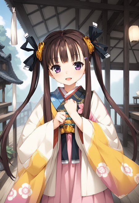 score_9,score_8_up,score_7_up,score_6_up,score_5_up,score_4_up, source_anime, anime artwork, anime_coloring, expressive, award winning, 8k, absurdres,  BREAK
1girl, (tomifumi), kouhime, brown hair, long hair, twintails, purple eyes, kimono, floral print, cowboy shot, pink skirt, war fan, light smile, child, open mouth, clenched hand<lora:yuzusoft_ponyv6_1-15:0.8> <lora:Kouhime_pony_V1:1>