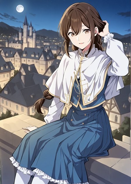 <lora:Lilia_Helstea__The_Beginning_After_the_End__Illustrious:1>
1 girl, solo, brown hair, brown eyes, long hair, hair between eyes, single braid
blue uniform, long sleeves, white capelet, white theghhighs, long skirt, blue skirt, frills
score_9, score_8_up, score_7_up, very aesthetic, source_anime, detailed, high quality, beautiful, masterpiece, detailed eyes, castle, village, blurry background, cityscape, pose dynamic angle, light smile, open mouth, hand on hair, sitting, night, silver moon, looking at viewer