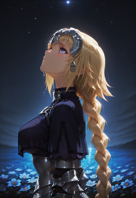 masterpiece,best quality,amazing quality,absurdres,anime coloring, anime screenshot, 1girl, solo, jeanne_d_arc_f-a, 1girl, long hair, blonde hair, thighhighs, armor, braid, gauntlets, headpiece, armored dress, single braid, very long hair, dress, purple eyes, looking up, from side, sad, crying, night, outdoors, stars, flower field, upper body, cowboy shot, 