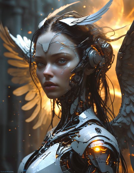 biomechanical cyberpunk A photorealistic portrait of a merciless archangel, their face a vision of divine beauty and unwavering resolve. Their eyes, windows to a soul hardened by countless battles, burn with an intensity that pierces through the veil of reality. Their expression is a symphony of conflicting emotions: righteous fury, unwavering determination, and a hint of sorrow for the fallen. Their wings, a majestic expanse of shimmering feathers, are spread wide, casting a shadow of divine judgment upon the world. The background is a maelstrom of celestial energy, swirling with nebulae, stars, and distant galaxies, creating a sense of infinite power and cosmic scale. The lighting is dramatic, highlighting the archangel's sculpted features and the intricate details of their flowing hair and wings. The overall effect is one of awe and reverence,  <lora:MJ52.safetensors:0.60>   . cybernetics, human-machine fusion, dystopian, organic meets artificial, dark, intricate, highly detailed