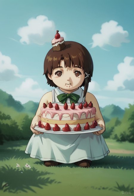 score_9, score_8_up, score_7_up, score_6, source_anime, lain, brown hair, ((light green camisole, green bowtie)), table, tartan tablecloth, ((chibi, gluttonizing, chubby, devouring cake, bulimic eating, overindulging, overeating)), (((big giant fat wedding-cake, giant huge cake, enormous layered cake, tall cake))), cute, ((close view)), clouds sky background, outdoors, airborne