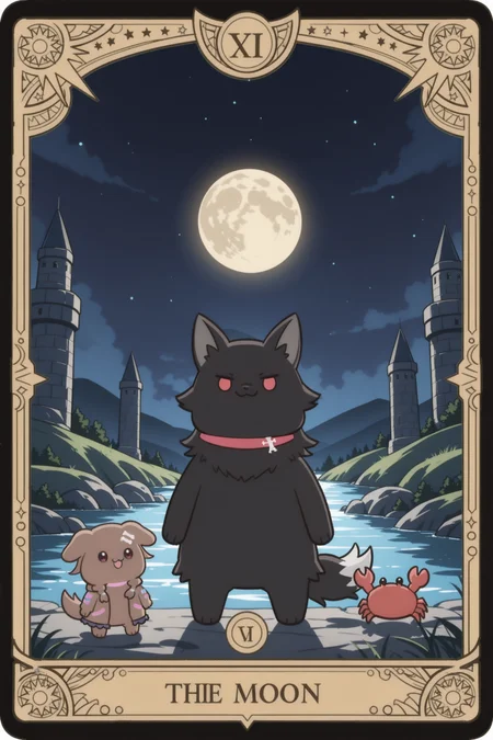 tarot card,the moon,kedama korone,inugami korone \(dog\),dog,fluffy dog ball,cute mascot style,ookami mio as full body black wolf,realistic majestic black wolf with red eyes,both howling at the moon,glowing full moon with face,twin stone towers,mystical night sky,dreamy fantasy landscape,river with crab in foreground,soft glowing light,symmetrical tarot layout,detailed background,inspired by rider waite tarot,ornate border,highly detailed illustration,fantasy art,digital painting,<lora:kedama:1>,2girls,