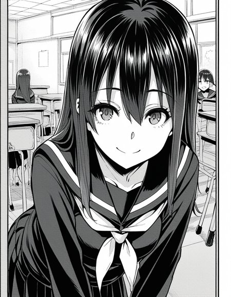score_9, score_8_up, score_7_up, source_anime,
sakiyoshida, <lora:saki-yoshida-manga-ponyxl-lora-nochekaiser:1>,
saki yoshida, long hair, hair between eyes, monochrome, greyscale,
black hair, skirt, pleated skirt, serafuku, shirt, long sleeves, long skirt, sailor collar, neckerchief, black shirt,
indoors, classroom, bent over, smile,
looking at viewer, solo, dutch angle, cowboy shot,
