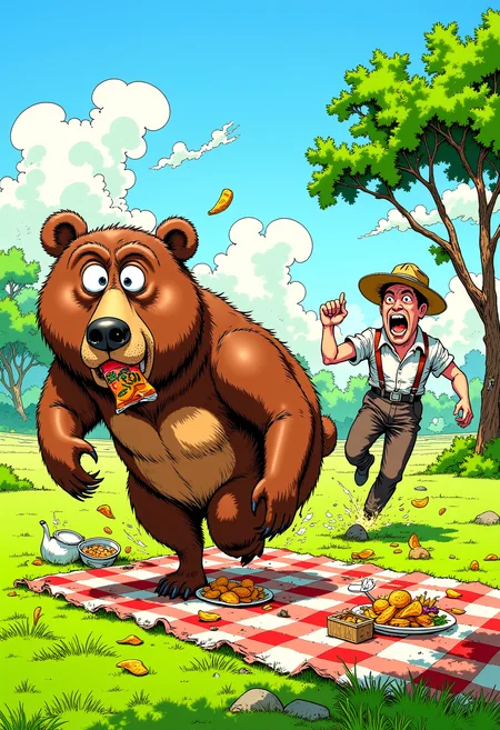 A comically panicked bear with wide, exaggerated eyes dashes away from a picnic area, a crinkled bag of chips clamped in its mouth. Behind him, an enraged man in a sunhat and suspenders flails his arms, mid-chase, face red with fury. The exaggerated cartoonish style makes every expression over-the-top, with vibrant, bold colors bringing the chaos to life. The grass is lush, the picnic blanket is toppled, and food is scattered everywhere. A dynamic action shot with motion blur on the bearâs fur and the crunched-up bag of chips!