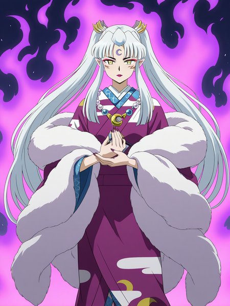 general,highres, ultra-detailed,very aesthetic,best quality ,best hands,  BREAK  <lora:Sesshomaru_no_Haha_IS:1>
Sesshomaru_no_Haha,pointy ears, japanese clothes, 1girl,solo, facial mark, kimono, white hair, long hair, 
yellow eyes, makeup, lipstick, forehead mark, crescent, necklace, fur, jewelry, purple lips, ponytail, twintails, fur trim, anime coloring, hair ornament, wide sleeves,
full body, aura, aura effect, cowboy_Shot,