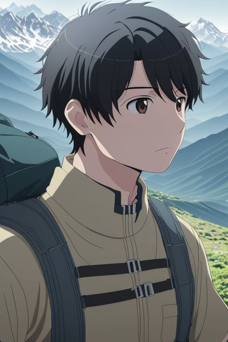 high resolution, solo, best quality, 1Boy, Inaho Kaizuka, Black Hair, landscape, looking away, high mountain, hiking gear, shallow depth of field, OverallDetail