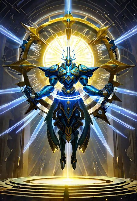 ncrender of a majestic godlike being with mechanical limbs and a mechanical halo surrounded by beams of light,art by ncrender