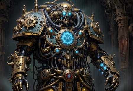 A monolithic, metal machine of archaic design and intricate detailing, standing tall in a dimly lit, cavernous chamber. At the center of the machine, a circular panel emblazoned with the iconic Adeptus Mechanicus cog symbol – a complex gear intertwined with the Omnissiah's insignia – flickers to life with a soft blue glow. The cog, a symbol of the machine god's divine order, pulses with energy as ancient mechanisms within the chamber stir to life. The light from the cog casts long, dramatic shadows across the weathered, riveted walls, hinting at the vast size of the surrounding space. As the seconds tick by, the glow from the cog grows stronger before slowly fading into a steady, rhythmic pulse, syncing with the deep, resonant hum of the awakening machinery. The scene is one of anticipation and reverence, where the power of technology meets the sanctity of religious devotion in a tableau that captures the essence of the Adeptus Mechanicus. The fading of the cog symbol signifies the end of the boot-up sequence and the machine's readiness to serve the will of the Omnissiah.