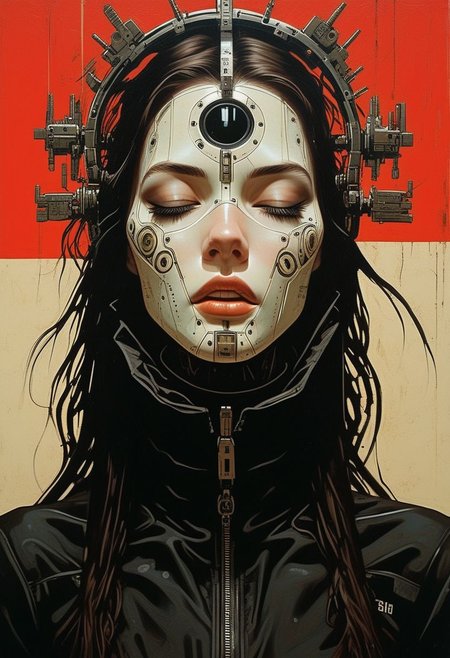 carcosa city, in an medieval Castle, lightened By torches, Red and White 'portrait of holy pureerosface_v1 graceful hellraiser goddess' By Franco Fontana, mechanical parts, wires, cables, cyberpunk, closeup portrait of a woman with a half robot face and bangs, pastel red/white colored, assassinkahb style, closeup photo of an wired-cyborg assassin with half robot face wearing a black high collar hooded parka with technical macro writing resembling an qr-code//bar-code on the back, solo, woman, high collar parka, upper body,, female focus, long hair in wind, weapon, clothes writing, japanese flag, crepuscular rays, volumetric lighting, ultra detailed, deep Blacks, very detailed, atmospheric haze, Film grain, cinematic film still, shallow depth of field, highly detailed, high budget, cinemascope, moody, epic, OverallDetail, 2000s vintage RAW photo, photorealistic, candid camera, color graded cinematic, eye catchlights, atmospheric lighting, imperfections, natural, shallow dof
