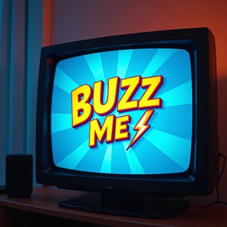 a tv screen playing a cartoon, emblazoned on the screen in bold letters saying "BUZZ ME" with a lightning motif