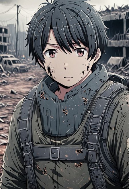 high resolution, solo, best quality, 1Boy, Inaho Kaizuka, Black Hair, shallow depth of field, Post-Apocalyptic, survival, OverallDetail