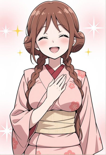 masterpiece,best quality,amazing quality, (aged up:1.2), anime coloring, flat colors,
<lora:NoobV065sHyperDmd:.5>,
 <lora:tachibana_yuzuki_meipaws:.9> 1girl, japanese clothes, pink kimono, brown hair, closed eyes, smile, long hair, open mouth, blush, hair bun, hand on own chest, twin braids, double bun, sparkle, floral print, low twin braids, yellow sash, print kimono