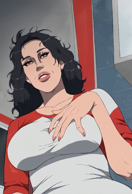 score_9, score_8_up, score_7_up, source_anime, 1girl, large_breasts, mature_female, curvy, wide_hips, solo, looking_at_viewer, open_eyes, Twirling hair with fingers, from_below, Crimson Mandarin Collar Shirt, messy hair, plait, Jet Black hair, shack, group_profile, rating_safe, <lora:pony\artist_styles\contingency_pony:1.0>