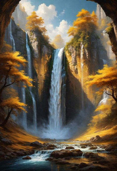 a landscape of a waterfall with gold water,
 masterpiece, highly detailed,
EdobHorrorLandscape,