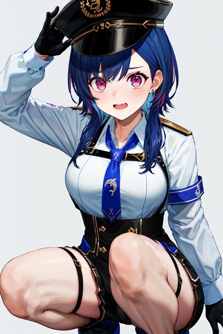 masterpeace, best quality, highres, 1girl, solo, blue hair, hat, multicolored hair, thighhighs, white shirt, collared shirt, jewelry, blue necktie, black shorts, necktie, long sleeves, black headwear, earrings, bangs, mole, black gloves, peaked cap, medium breasts, pink hair, fang, <lora:nishizono_chigusa_v2:0.7>, squatting,