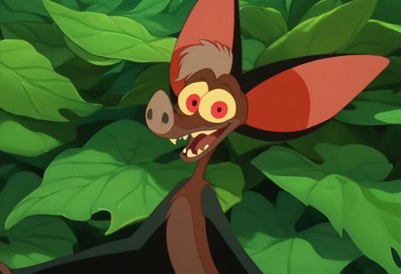 score_9, score_8_up, score_7_up, Expressiveh, masterpiece, best quality, highly detailed, realistic, (zPDXL3), 1boy, solo, (BattyKoda, furry male, furry, feral, bat, bat nose, bat ears, membranous wings, yellow sclera, red eyes, brown body, light-brown hair, short hair), upper body, smile, open mouth, happy, teeth, leaves background, simple background, looking at viewer, spread wings