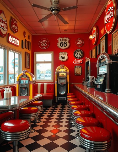 A classic 1950s American diner with a nostalgic retro atmosphere. The interior features red and white leather booth seating, chrome-trimmed tables, and a long counter with matching red barstools. A vintage jukebox with colorful neon lights stands against the wall, ready to play rock 'n' roll hits. The checkered black-and-white floor contrasts with pastel-colored walls adorned with Coca-Cola signs, Route 66 memorabilia, and classic diner menus. A row of shiny chrome napkin dispensers and glass salt and pepper shakers sit neatly on the tables. A milkshake machine and an old-fashioned soda fountain rest behind the counter, next to a vintage cash register. Large windows let in soft daylight, reflecting off the gleaming surfaces, creating a warm and inviting retro ambiance.
<lora:SDXLFaeTastic2400:0.4> <lora:extremely_detailed:0.4> extremely detailed,1950s American d1n3r, <lora:1950s_American_d1n3r-i:1>, Masterpiece,best quality,hi res,8k,hi res,8k,award winning,(sharp focus, intricate, highly detailed),