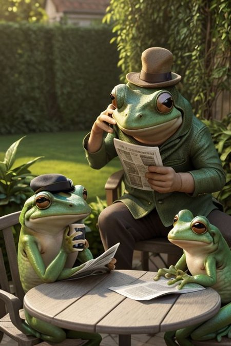 funny, complex scene, HD, Concept art, beautiful home garden full of detais in a sunny day, background, masterpiece, best render, high res, best resolution, photorealistic, 2 funny  frogs  are reading a newspaper on a garden table sitting on chairs while drinking cofee, highly detailed frogs, funny, frog wearing a detective hat