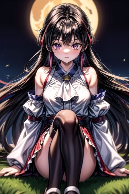 masterpiece,  best quality 1girl Setsun4 solo long hair,  (night time) forest background black hair very long hair purple eyes multicolored hair armor (fur trim) (medium body),<lora:EMS-179-EMS:0.800000>,<lora:EMS-293862-EMS:0.800000>ascot, bare shoulders, black footwear, detached sleeves, embellished costume, frills, japanese clothes, nontraditional miko, red skirt, sandals, sarashi, skirt, socks, armor, miko
