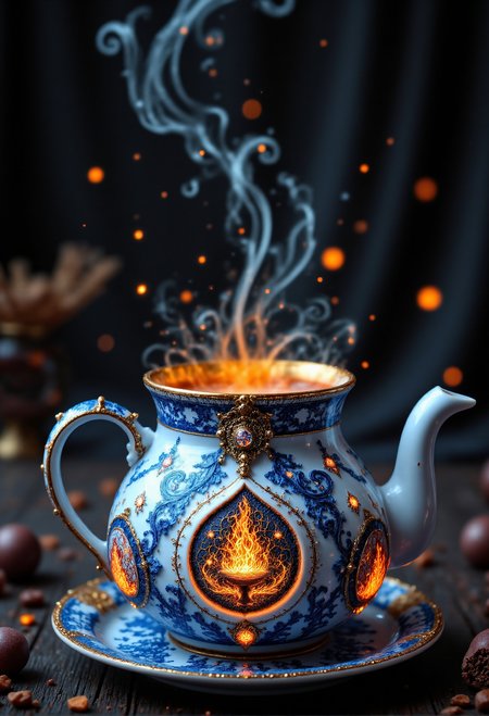 A porcelain teapot with swirling sapphire patterns, pouring a steaming liquid that glows softly like molten gold <lora:aidmaFLUXPro1.1-FLUX-v0.3.safetensors:1.0>,  <lora:aidmaDall-E3-FLUX-v0.1.safetensors:1.0>,