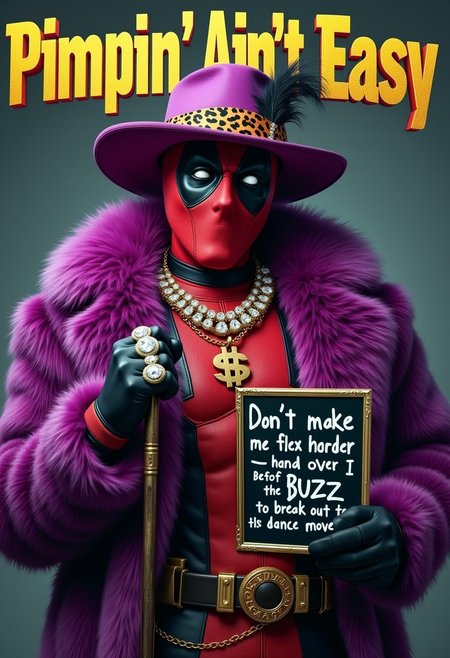 At the top of the image, bold golden letters spell out "Pimpin’ Ain’t Easy." The focus is a photorealistic image of Deadpool, decked out as an outrageous pimp. He’s rocking a luxurious purple fur coat, a wide-brimmed hat with a feather and leopard-print band, and holding a silver-tipped cane. Deadpool is dripping with bling—diamond rings and a golden dollar sign necklace that catch the light in a dazzling display. His expression is a signature Deadpool smirk, oozing confidence and irreverence as he strikes a pose.  ((Holding a black sign with white chalk letters saying "Don’t make me flex harder—hand over the Buzz before I have to break out the dance moves."))The background is kept minimal, ensuring that Deadpool’s over-the-top ensemble is the star of the show. Masterpiece quality, highly detailed, capturing the humor and absurdity of the scene.