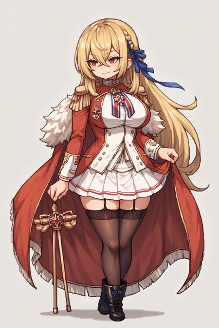 score_9, score_8_up, score_7_up, , rating_general,1girl ,mlkgv, blonde hair, blue ribbon. dress uniform, fur-trimmed cape, hair between eyes, large breasts, long hair, medal, red eyes, striped ribbon, white skirt, epaulettes, garter straps, black thighhighs, black boots, rudder footwear, smile, <lora:kgv-8:1>, naughty face, <lora:GBFPixelPDCAME Style:1>, pixel art, 2d, full portrait, simple background, white background, chibi