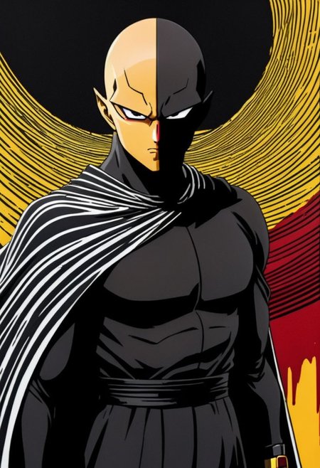 Closeup Portrait, An Abstract surreal n Abstract surreal colorful simple painted black saitama standing at a cliff with extreme Long Cape throughout the frame, katana, yellow Blood Splash, made of lines, vertical lines, horizontal lines, Portrait Made of intertwining snakes, weaving over and under each other throughout the frame, emphasis effect, moire effect, awash in colorful shades, seamlessly extends the lines,