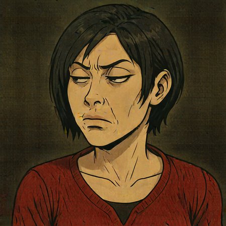 masterpiece, best quality, newest, absurdres, highres, anime, anime style, TSLV1.0, skeptical expression, judgmental look, side-eye, half-closed eyes, tight-lipped, furrowed brow, frown, looking sideways, 1girl, Ada_wong, \(resident evil\), asian, asian female, short hair, black hair, sweater, red sweater,