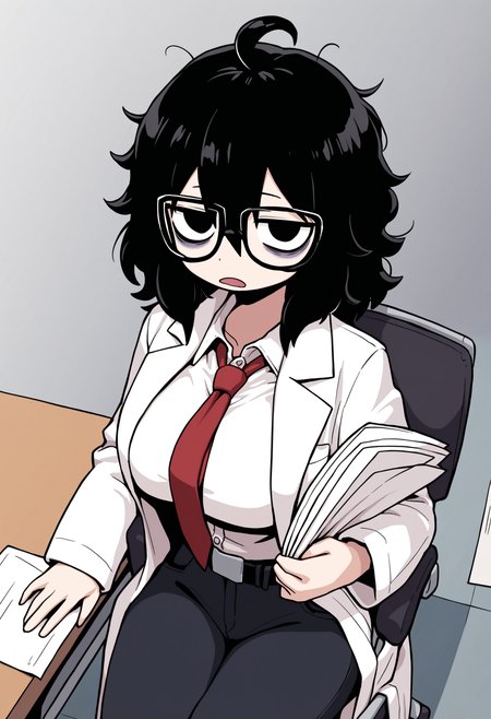 masterpiece,best quality,amazing quality,
1girl, paper, necktie, solo, breasts, glasses, sitting, bags under eyes, black eyes, large breasts, black hair, belt, looking at viewer, chair, pants, ahoge, labcoat, holding paper, shirt, holding, black-framed eyewear, desk, open mouth, red necktie, medium hair,
<lora:Akai_ugokashitari:1>