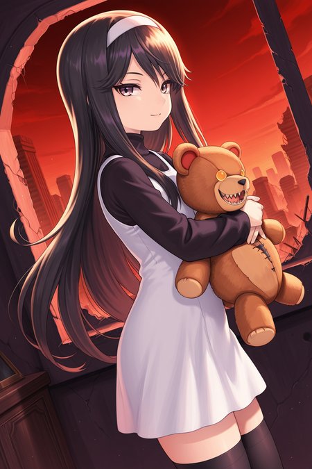 1girl, SakoErikaDevilSummoner, 
general, solo, dutch angle, from side, half body,
long hair, straight hair, purple eyes,
hairband,
white dress, turtleneck, long sleeves,
black thighhighs, zettai ryouiki,
looking at viewer, light smile, holding stuffed toy,
indoors, red sky, ruins, building, teddy bear and yellow eyes,
<lora:kp_SakoErikaDevilSummonerIllustrious_v1_0:1.0>,
masterpiece, best quality, amazing quality