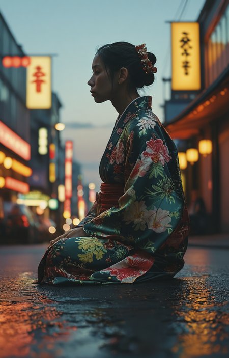 photography in the style of detailed hyperrealism,cinematic composition,sky,dof,perfectly focused, Peter Doig,Nan Goldin,fantasy,
creature in a kimono sits in the middle of the street,Tokyo,close up, 
hyper detailed,intricate,poster,artstation, <lora:add-detail-xl:1> <lora:MJ52:0.3> <lora:DD-sli-v1:1>
