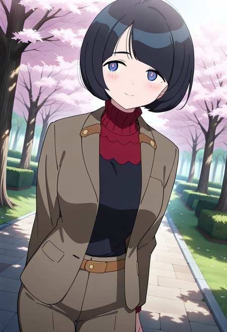 ((masterpiece, absurdres)), best quality, amazing quality, newest, 4k, anime coloring, very aesthetic, ray tracing,expourse light, Smooth Quality, CG, mamamajo, 1 female, bob head, blue eyes, blush, turtleneck clothes, coat,(pants :1.2),belt,sakura tree, afternoon sunlight