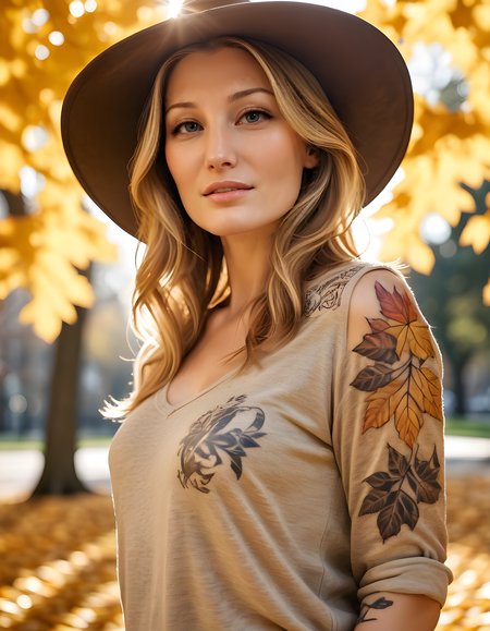 In a vibrant, sunlit park on a crisp autumn afternoon, a striking woman with cascading blonde and brown hair weaves together two shades of elegance in her shirt. She stands alone with an air of quiet confidence, gazing directly at the viewer from beneath a large, brimmed hat. The background is ablaze with golden leaves rustling gently in the breeze, creating a warm, inviting atmosphere that highlights the deep hues of her lips and the intricate detail of her distinctive tattoo, A5HL3YH, gracefully adorning her left shoulder. The camera angle subtly tilts upwards from her feet, emphasizing her poise and capturing her in a moment of timeless allure.
