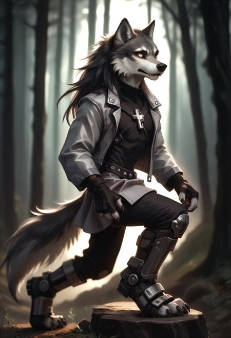 score_9, score_8_up, score_7_up, FMW1, source_furry, anthro, wolf, wolf ears, wolf tail, paws, claws, fangs, (gradient eyes:1.5), hugbaldw, cutoff jacket, body harness with holy cross design, long black hair, charcoal greaves, gray skirt, black shirt, black pants, black fingerless gloves, long legs, slender legs, dark forest,