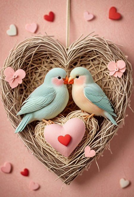 Valentine,
A pair of lovebirds meticulously weave a nest lined with delicate heart-shaped petals, their beaks touching as they work in harmony. The scene radiates tenderness, bathed in a soft pastel glow.
heart-shaped tokens, cozy nests, warm atmosphere, soft pastel colors,affectionate mood, whimsical, gentle lighting,companionship, charming, playful, heartwarming