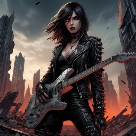 Gothic style  <lora:Gothicanimegirls:1>A dark fantasy woman wielding a jagged electric guitar in a dystopian wasteland, surrounded by remnants of a fallen city. Her outfit is a mix of torn leather and metallic armor. The camera captures her in a heroic stance from a wide-angle, with fiery clouds and destroyed skyscrapers as the backdrop. Ultra detailed textures and colores, highly vibrant image. . Dark, mysterious, haunting, dramatic, ornate, detailed