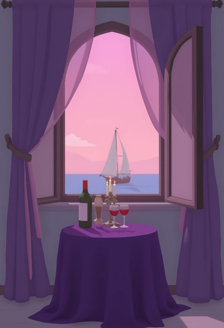 g00se art with smooth textureless style with muted pastel palette of a small table covered with a purple rug, with a candelabra with lit candles, two wine glasses and a bottle of wine standing on it. Behind the table, there is wall with an open gothic style window with half transparrent curtains swayed by the wind. From the window opens the view on the gradient pink purple sky, the dark blue sea and a small sail boat passing by