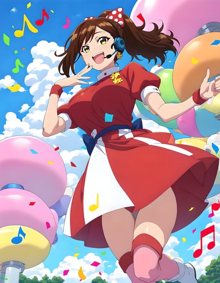 <lora:pony_xl_minami:0.9>,minami,score_9,score_8_up,score_7_up,source_anime,1girl,solo,ponytail,hair bow,earrings,red dress,puffy short sleeves,wristband,pink thighhighs,white boots,knee boots,headset,smile,laughing,standing,knees_together_feet_apart,day,sky,blue sky,cloud,musical note,eighth note,front view,looking_at_viewer,