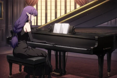 anime screencap, anime coloring, detailed face, masterpiece, best quality, very aesthetic, absurdres, volumetric lighting, official style, amazing quality, ultra detailed,  highres, amazing quality, scenery, beautiful detailed hair, beautiful detailed eyes, detailed fingers,
nsfw, uncensored,
 <lora:Esil_Radiru_Solo_Leveling_Arise:1>
in a room,
Esil Radiru, piano, instrument, 1girl, grand piano, purple hair, music, pointy ears, playing instrument, sheet music, solo, black dress, window, long hair, indoors, elbow gloves