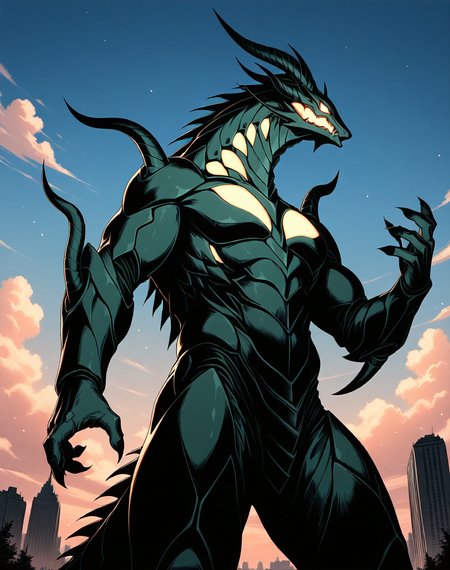 score_9, score_8_up, score_7_up,
8K, In'ei, chiaroscuro, cinematic side lighting, perfect depth of field shot, masterpiece, beautiful, sharp focus, crisp details,
<lora:Draglord_(Guyver)_(Illustrious)_(AD):1> Draglord, Guyver, dragon, 
exterior, science fiction, sky with anime clouds, summer, hot day, city skyline, 
dynamic action, bent leg, cowboy shot, 
green body, green skin, titanic, gigantic, kaiju, glowing eyes, 
BREAK Smooth Quality, IllusP0s, lazyhand, lazympos, lazynsfw,