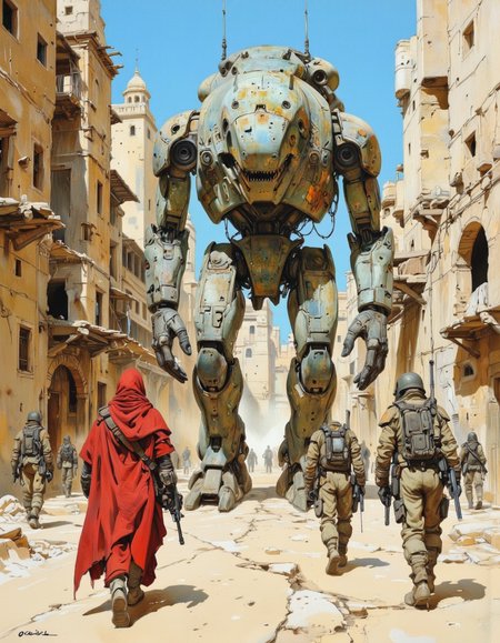 By theaicolab. A futuristic, sci-fi digital illustration from a far camera angle, featuring a large, imposing robot towering over a group of soldiers in a post-apocalyptic city. the scene is set in a desert-like environment with crumbling buildings and a clear blue sky. in the foreground, a lone figure in a red cloak is walking towards the robot, holding a gun, while in the background, other soldiers are walking alongside. the robot appears to be a massive, metallic structure with intricate details and a menacing expression, standing tall amidst the ruins of the city. on the left side of the image, a few soldiers are visible in the distance, some of them holding guns, while others are walking away from the robot. the overall atmosphere is one of chaos and destruction, with a sense of foreboding and chaos in the air. <lora:The_AI_Colab:1>