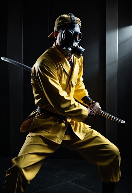 Bio Style, from above, a stunning film noir still photograph, a (scientist wearing yellow protection suit with gas mask/) (weapon, holding sword, battoujutsu, battoujutsu stance, ready to draw, sheathed, unsheathing, scabbard), (full body, fight stance:1.2), perfect body, perfect katana, perfect hands, masculine perspective,
dramatic cinematic film noir lighting,
very strong contrast, dramatic Lighting,
strong visual contrast, terrifying, 
Tsutomu Nihei, cinematic film style, special effects, VFX, award-winning picture, highly detailed, ultra-high resolutions, 32K UHD, sharp focus,
(photorealistic:1.5), (Extremely realistic, masterpiece, top quality, official art, best quality, beautiful and aesthetic:1.2), 4k, 8k, very rich details,