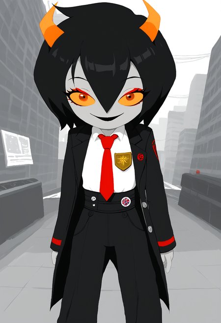 score_9, score_8_up, score_7_up, HD, best quality, masterpiece, detailed, minimalist, mspaint, 1girl, Niikou, d0nquix0tedef, Black hair, short hair, hair between eyes, horns, colored skin, grey skin, colored sclera, orange sclera, black lipstick, red eyeshadow, black coat, open coat, badge, long sleeves, white shirt, collared shirt, red necktie, black pants, high-waist pants, standing, happy, smiling, city alleyway