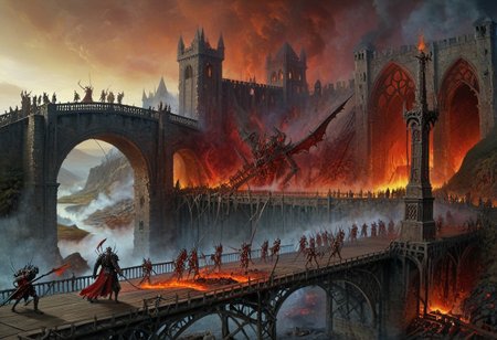 Long bridge, bridge to gates of hell, bridge over fire lake, magma, inferno lake, hell, fire, gothic architecture, ruined cathedral, Diablo, demonic, cliffs, ethereal, epic, hellscape, knight standing at start of bridge, holy armor, massive sword, battle worn armor, paladin standing in foreground, expansive landscape, combat, battle, catapults, archers, column of skeleton soldiers on bridge, warriors, cinematic, dramatic,